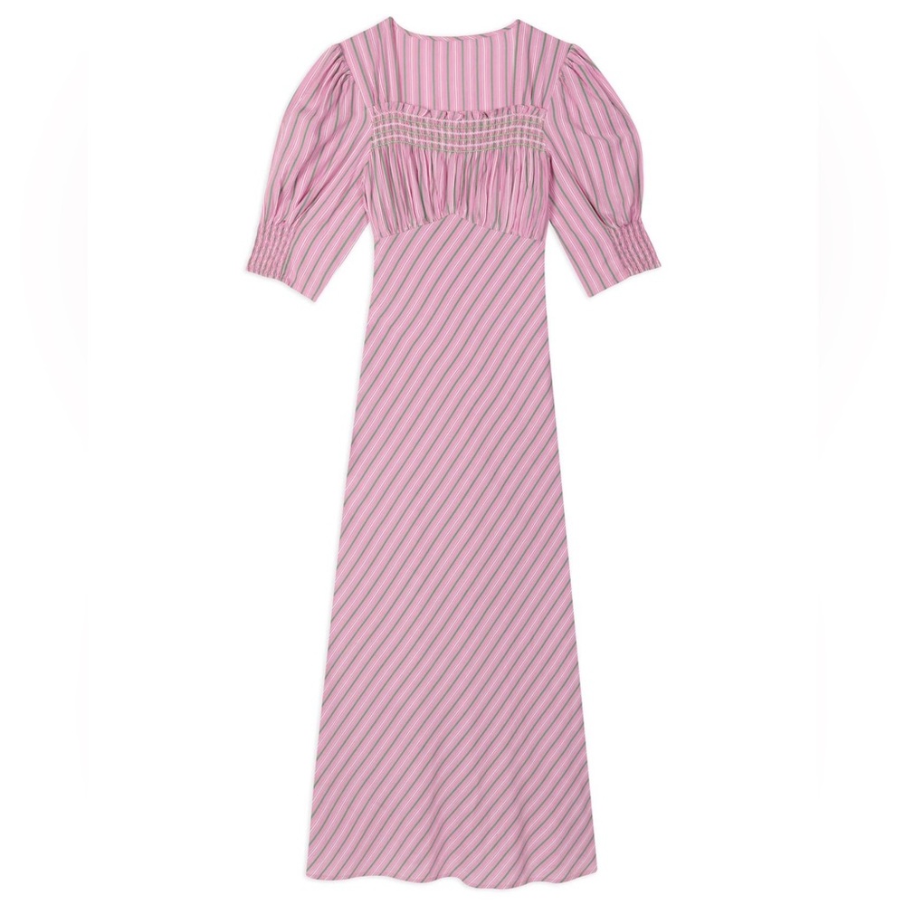 NWT RIXO London Women's Pink Corsica Shirred Striped Cotton-blend Midi Dress